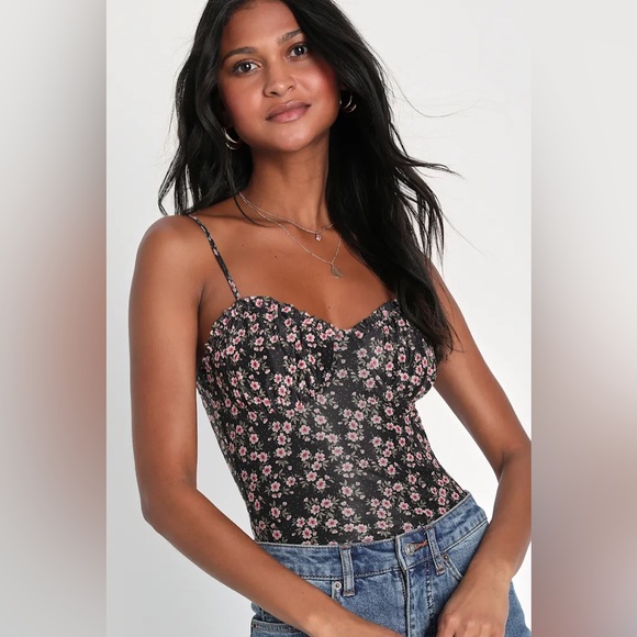 Lulus Tops - Lulus Flourish With Style Black Floral Mesh Bustier Bodysuit - XS